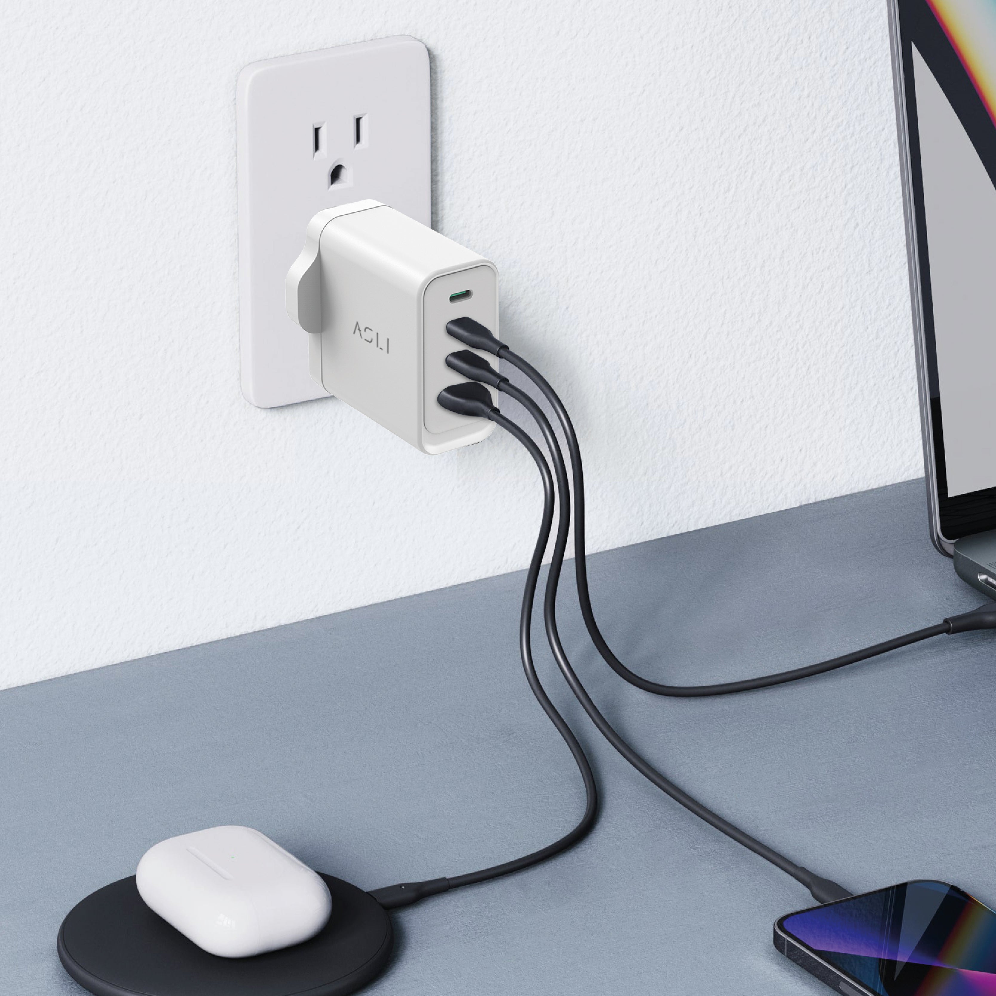 شاحن حائط فائق السرعة من أسلي جلوبال 100 واط بأربعة منافذ USB بتقنية GaN , PD | أبيض شاحن حائط فائق السرعة من أسلي جلوبال 100 واط بأربعة منافذ USB بتقنية GaN , PD | أبيض